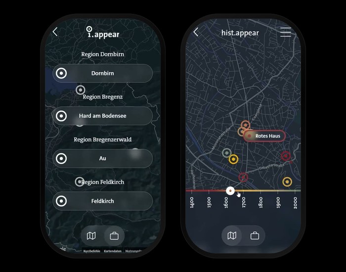 Zwei Screens der i.appear Web-App: links die Regions-Auswahl mit Dornbirn, Hard, Au, Feldkirch &ndash; rechts der Rundgang hist.appear mit interaktiver Karte, Stationen-Pins und Zeitstrahl von 1400 bis 2000.