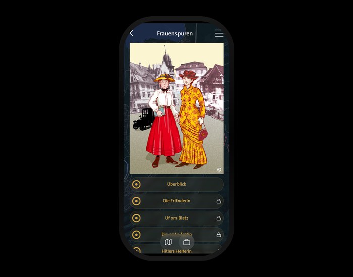 Smartphone-Screen der i.appear-WebApp mit dem Frauenspuren-Rundgang: zwei illustrierte Frauen in viktorianischer Kleidung vor einer Dornbirner Stadtkulisse, dar&uuml;ber der Header &bdquo;Frauenspuren&ldquo;, darunter die Stations-&Uuml;bersicht.