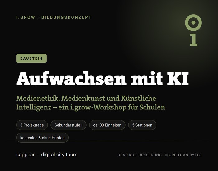 Cover des i.grow-Bildungskonzepts &bdquo;Aufwachsen mit KI&ldquo; &ndash; Baustein Medienethik und K&uuml;nstliche Intelligenz, 3 Projekttage, Sekundarstufe I, 5 Stationen, kostenlos.