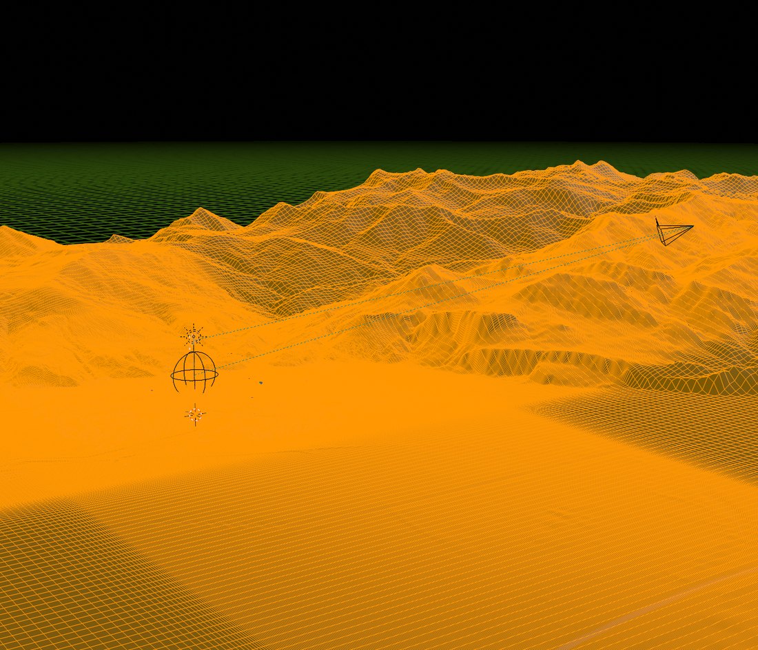 Drahtgittermodell des Dornbirner Geländes in Blender: das Tal und die Berge als oranges Netz aus Laserscan-Höhenpunkten.