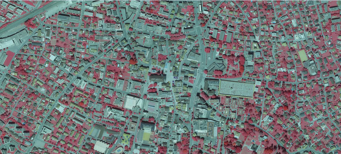 Infrarot-Luftbild der Dornbirner Innenstadt: Vegetation leuchtet rot, Strassen und Dächer erscheinen grau-türkis.