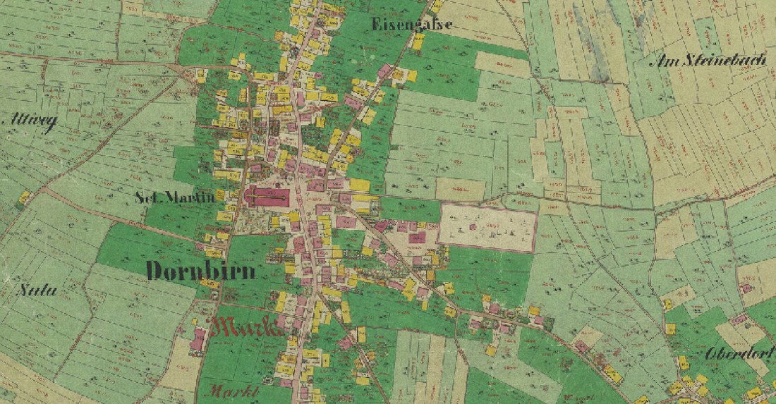 Kolorierte Katasterkarte von Dornbirn aus 1857: Häuser in Rot und Gelb, Felder in Grün, Ortsnamen wie Dornbirn und Oberdorf (Franziszeischer Kataster).