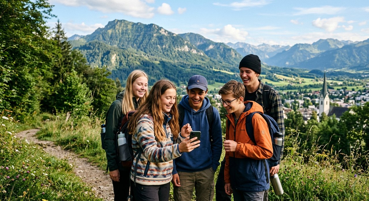 Eine Gruppe Jugendlicher schaut gemeinsam auf ein Smartphone, im Hintergrund eine Vorarlberger Berglandschaft mit Tal und Kirchturm.