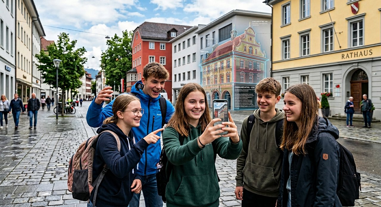 Eine Gruppe Jugendlicher schaut bei einem Ausflug gemeinsam auf ein Smartphone, im Hintergrund eine Vorarlberger Altstadtgasse mit Rathaus.